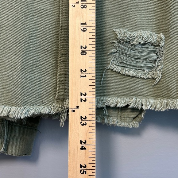 Olive Sage Green M Distressed Denim Trucker Jacket Frayed Hem Utility Grunge - Picture 8 of 11